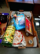 (3) Box containing antique guides, advertising prints, oversized bottle, oriental and other china