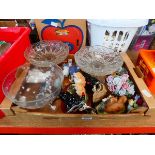 Box containing ornamental posies, animal figures and glass bon bon dishes