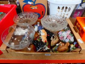 Box containing ornamental posies, animal figures and glass bon bon dishes