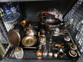 Cage containing silver plate to include salt and pepper sets, mustard pots, various vases and