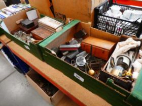 +VAT 2 x boxes containing stoppers, various slides plus brassware and oil lamp