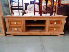 Pine coffee table with drawers and shelves to the middle