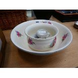 Floral patterned wash stand bowl, chamber pot, and shaving mug