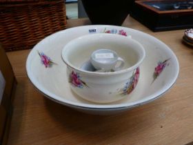 Floral patterned wash stand bowl, chamber pot, and shaving mug