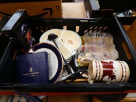 Box containing Royal Worcester and commemorative crockery plus stainless steel, milk jug,