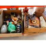 Box containing studio pottery, glassware and pewter vase