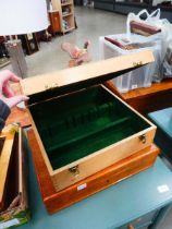 Two empty wooden cutlery canteens