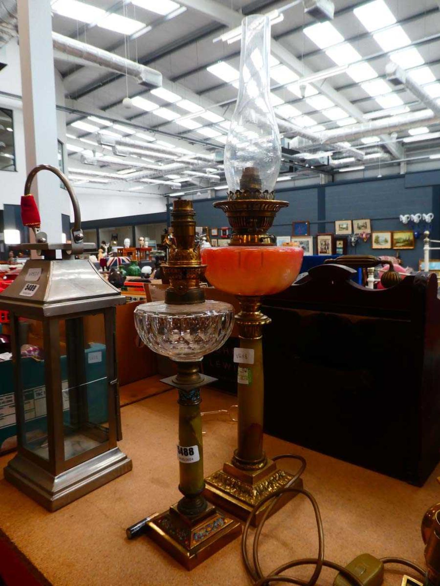 Two brass and onyx converted lamps