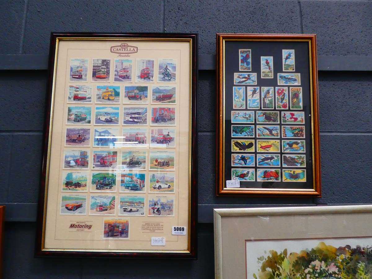 Two cigarette card pictures, exotic birds and vintage cars