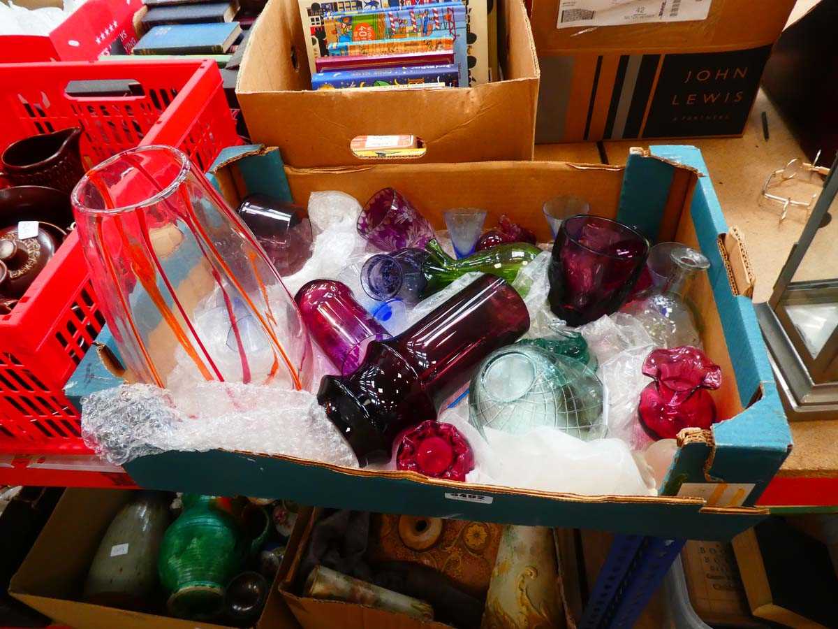 Box containing coloured glassware, to include tumblers, ornaments, and vases