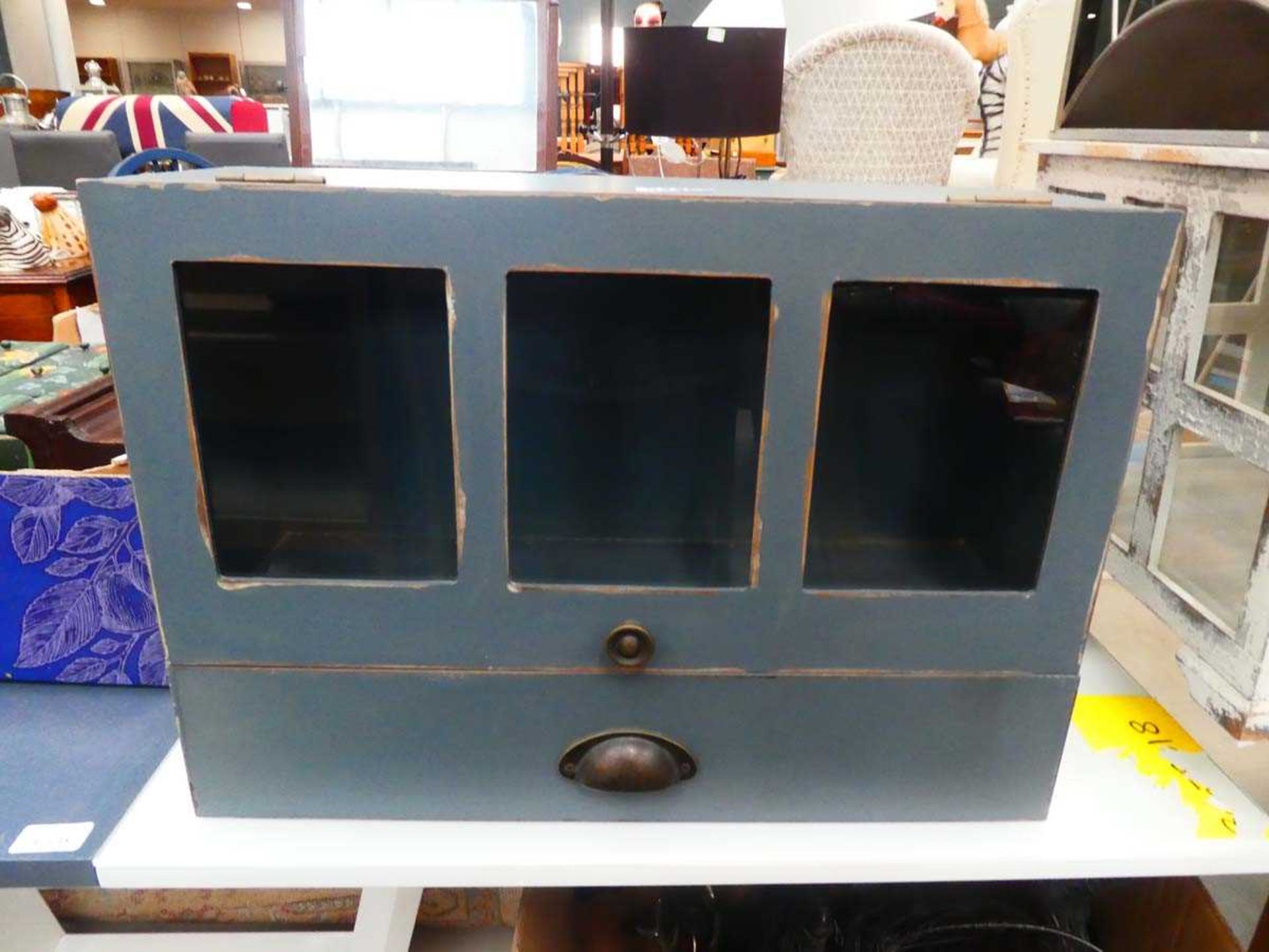 Grey painted single door cabinet with drawer under