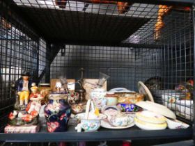 Cage containing Staffordshire figure, cloisonné pot, lidded pots, plus dog figure and various china