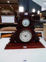 (5) Mantel clock with carved frame and barometer under Few minor chips to base