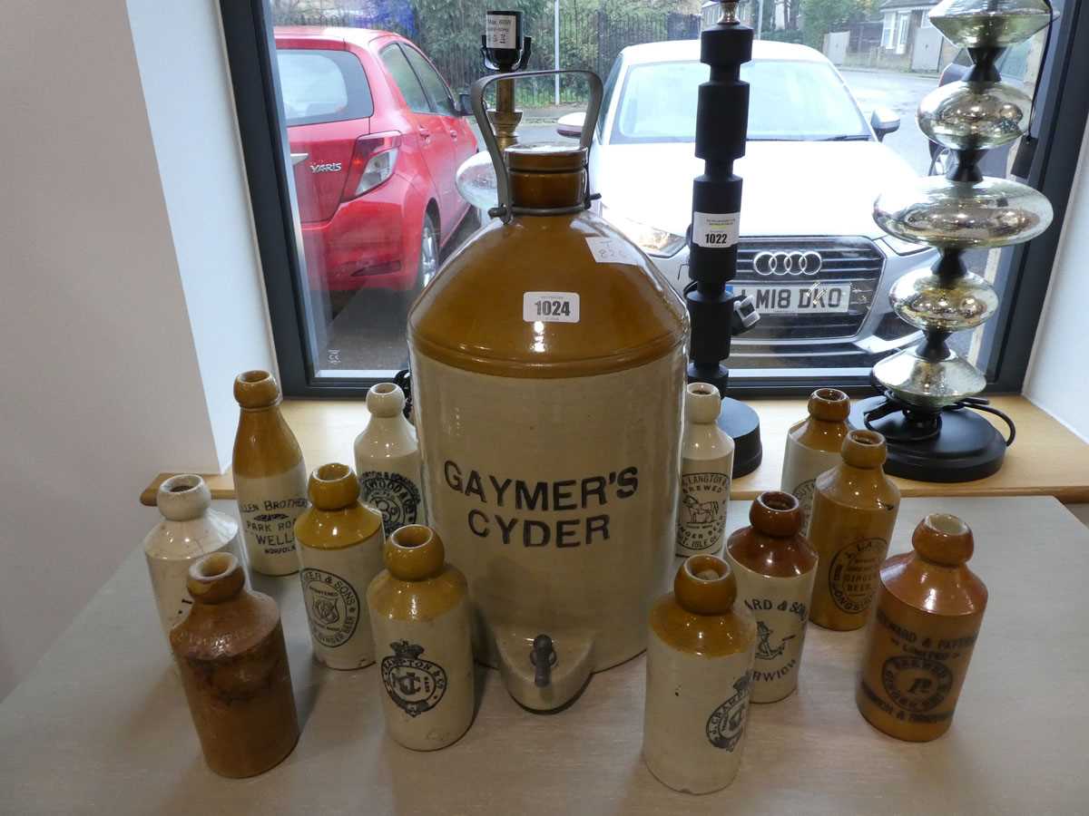 Large ceramic Gaymers Cyder dispenser together with qty of stone Kilner bottles initialised with