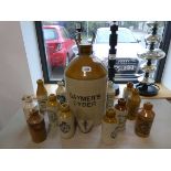 Large ceramic Gaymers Cyder dispenser together with qty of stone Kilner bottles initialised with