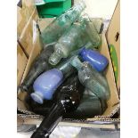 Box containing various vintage glass bottles to include Jordan and Addington, Robert Claxton and