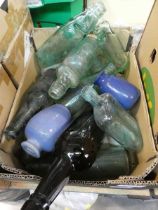 Box containing various vintage glass bottles to include Jordan and Addington, Robert Claxton and