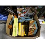 Box containing various vintage style toys and games, to include National Geographic telescope, tins,