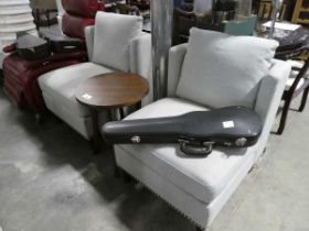 +VAT Pair of light grey studded edge armchairs with modern brown wooden circular coffee table