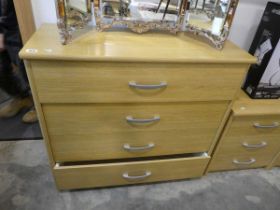 Modern light oak effect chest of 4 drawer together with matching pair of light oak effect 3 drawer