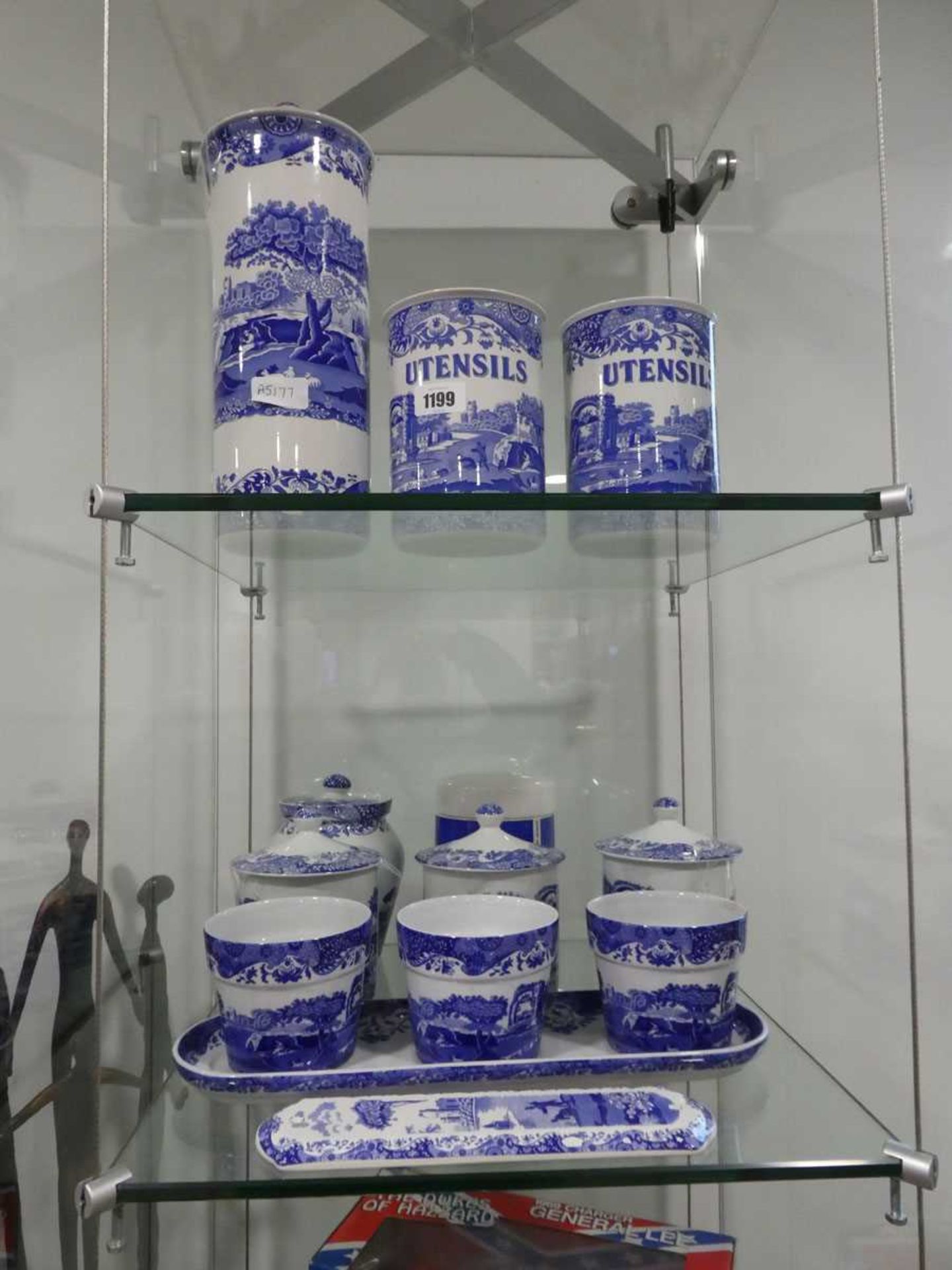 Quantity of Spode 'Blue Italian' chinaware to include lidded jars, utensil pots, flower cache pot