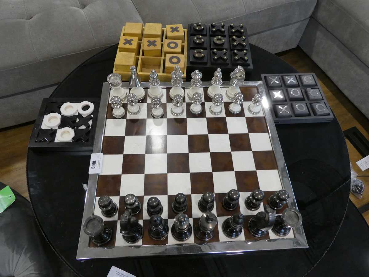 +VAT Large decorative home chess set on marble effect base with 4 various noughts and crosses