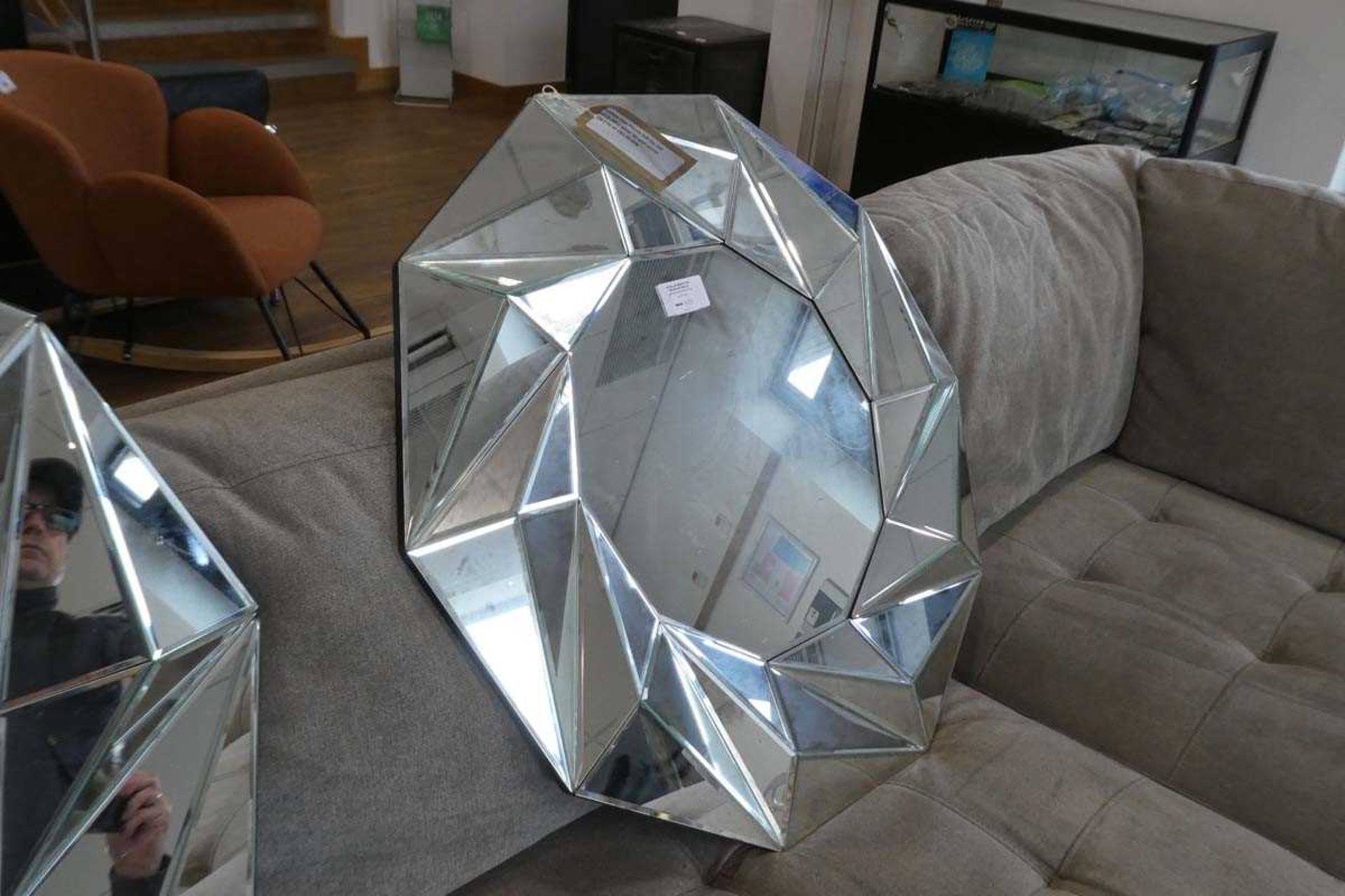 +VAT Modern pair of faceted decagonal wall mirrors - Image 2 of 2