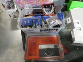 Small crate of various costume jewellery and watches with Kodak Instamatic camera