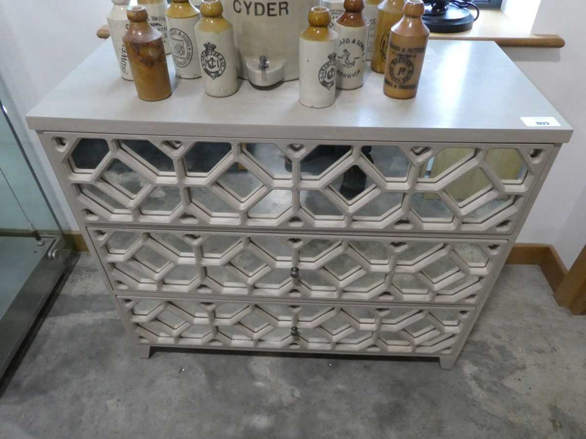 +VAT Mirror fronted chest of 3 lattice patterned drawers - Image 2 of 2