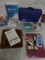 +VAT Blue box file, pack of 5 A4 ruled refill pads, Viv vintage brown clamp on small keyboard