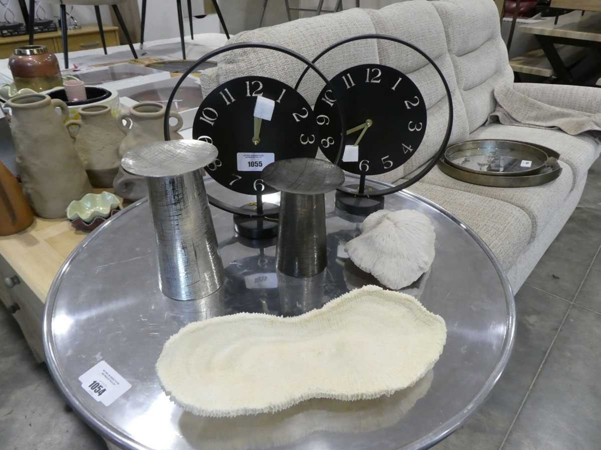 +VAT 2 open backed metal clocks, graduated pair of silver coloured stands and 2 coral ornaments