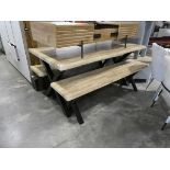 Picnic type dining suite comprising wood effect table on black crisscross support with 2 matching