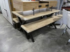 Picnic type dining suite comprising wood effect table on black crisscross support with 2 matching