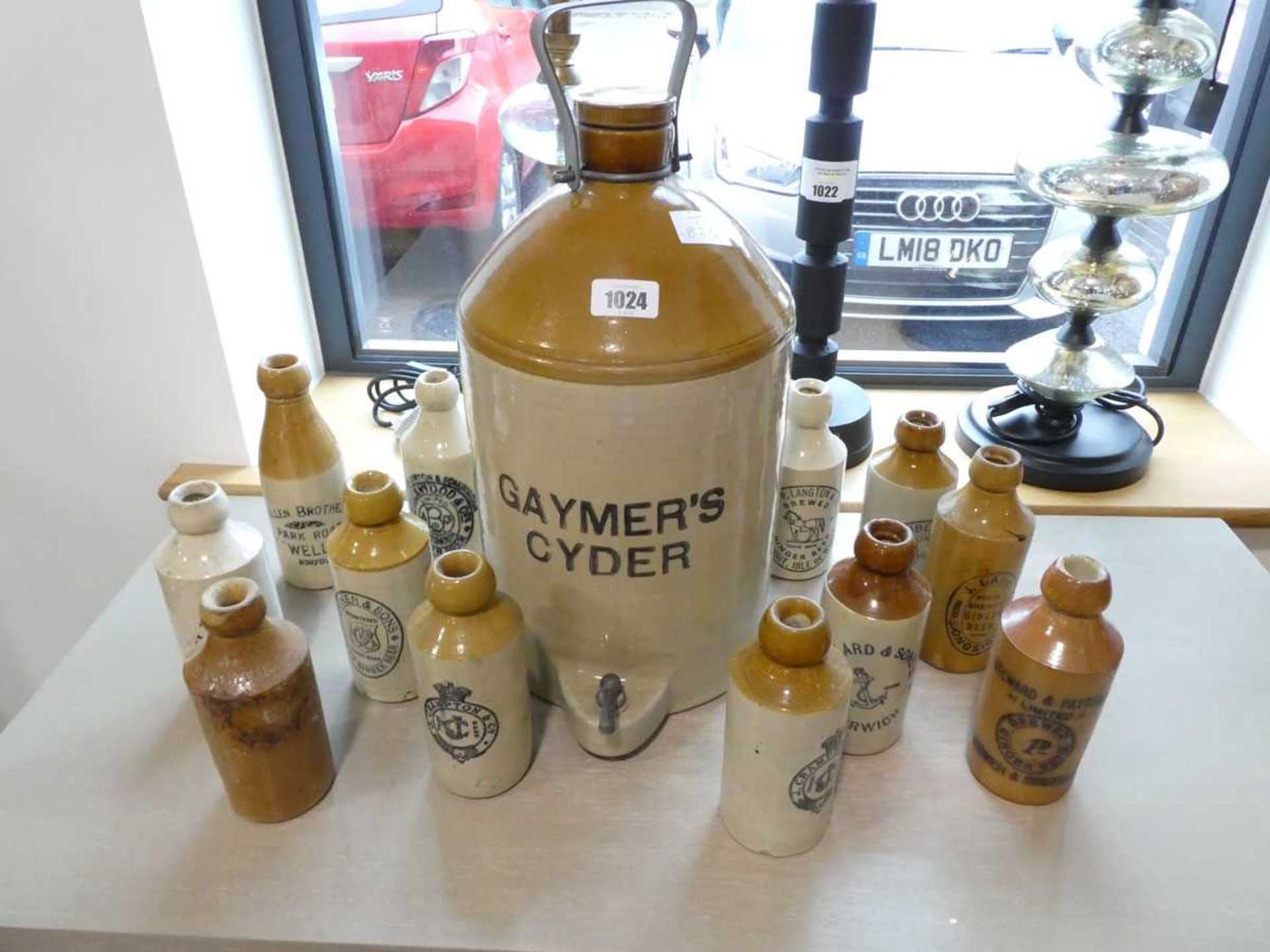Large ceramic Gaymers Cyder dispenser together with qty of stone Kilner bottles initialised with - Image 2 of 2