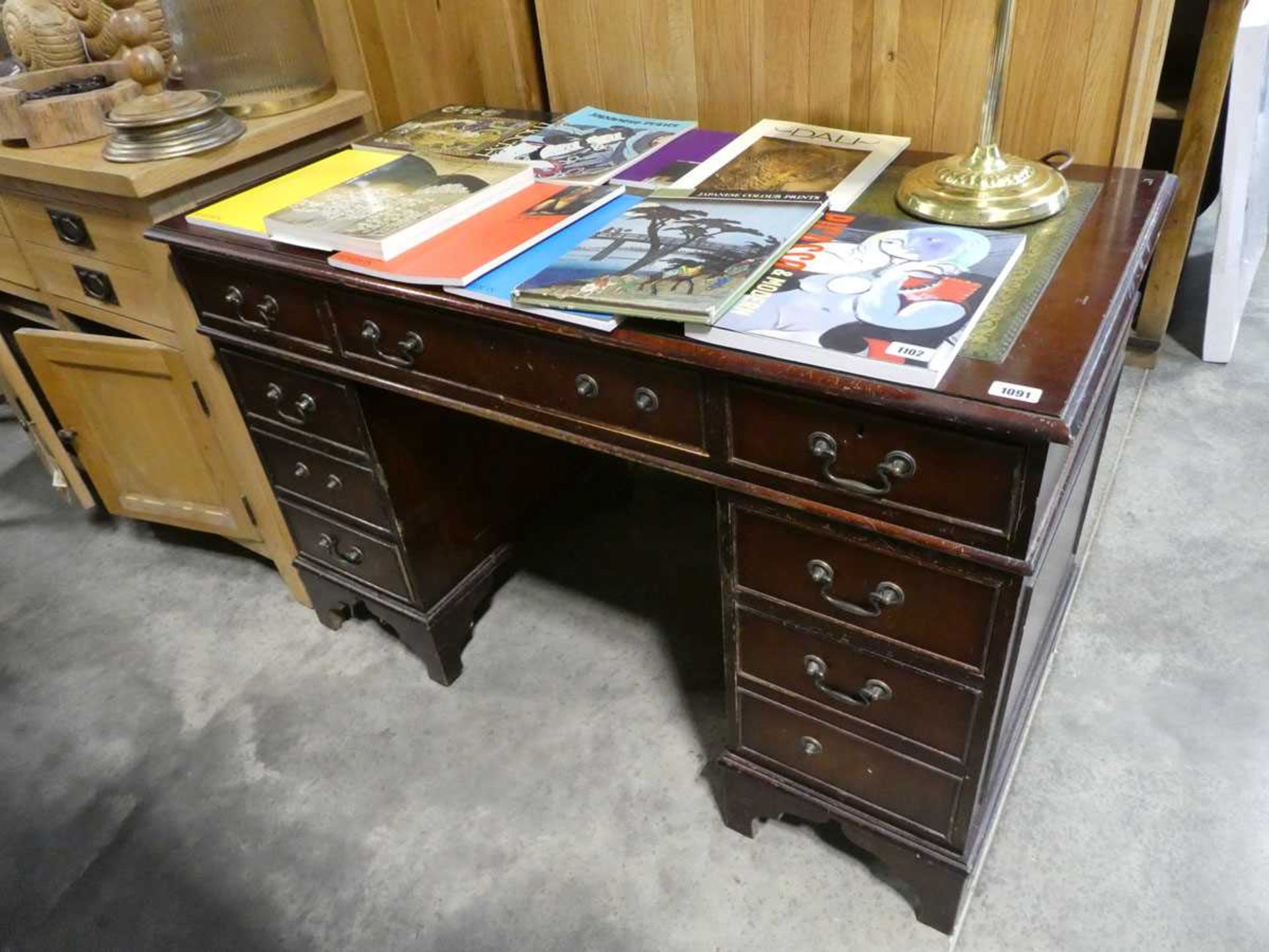 Modern reproduction mahogany twin 9 drawer pedestal desk