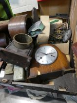 2 boxes containing various mantle clocks and clock parts to include Smiths, etc, together with