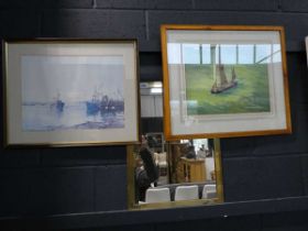 Brass framed mirror with picture of a boat by Leonard Dawkins and picture of Teignmouth fish quay by