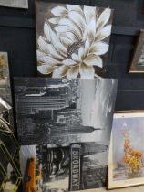 2 large canvases; 1 of New York, 1 floral themed
