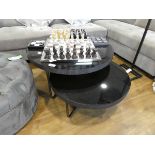 +VAT Circular ribbed coffee table with black glass surface on metal supports with matching smaller