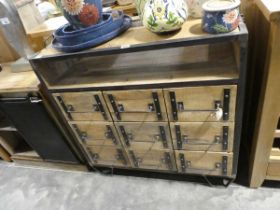 Metal and wooden rustic style 9 drawer cabinet with storage shelf above Water damaged