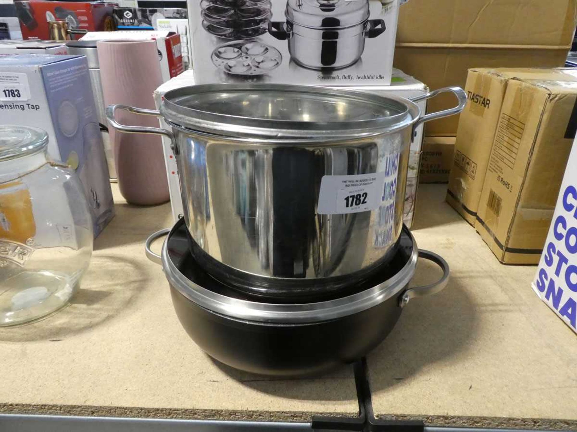 +VAT 1 large Prestige stainless steel pan and another large pan