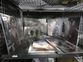 Cage containing various unverified signed photos to include Jennifer Lawrence, Ray Winston, etc