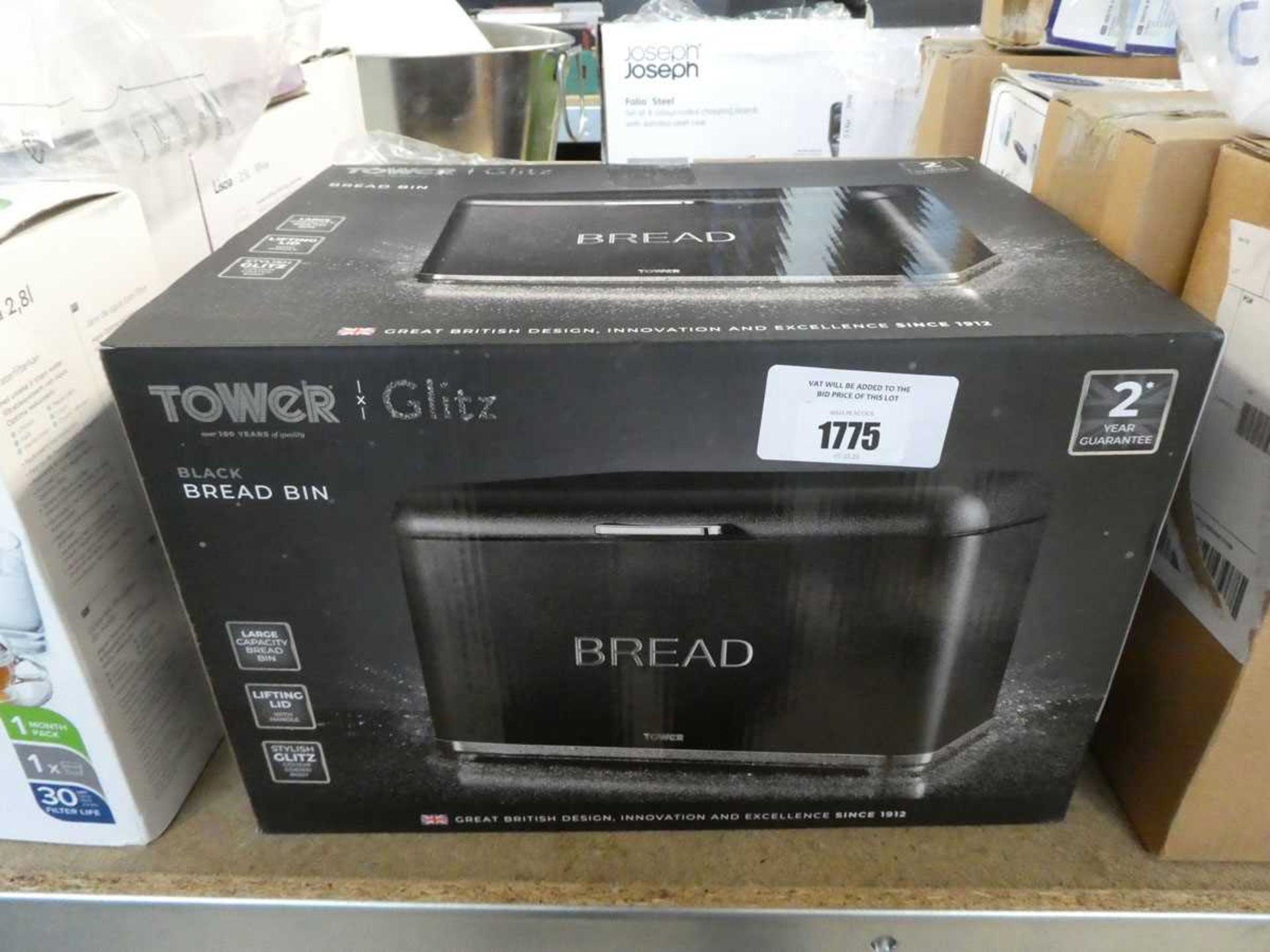 +VAT Tower Glitz black bread bin, boxed