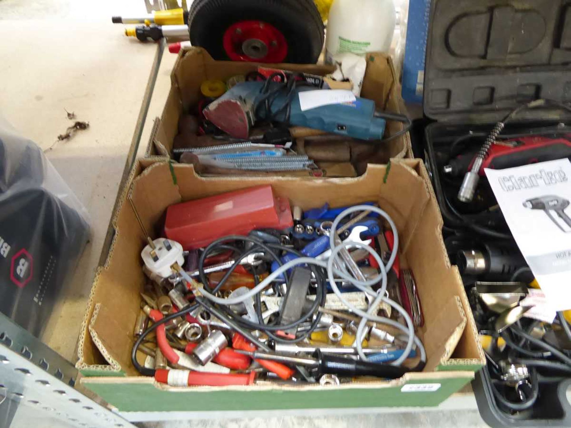 2 boxes of mixed tooling incl. electric sander, electric soldering iron, spanners, sockets, etc.