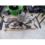 Assorted vintage hand tools and implements incl. scythe, brass wooden handled pump, pair of sheep