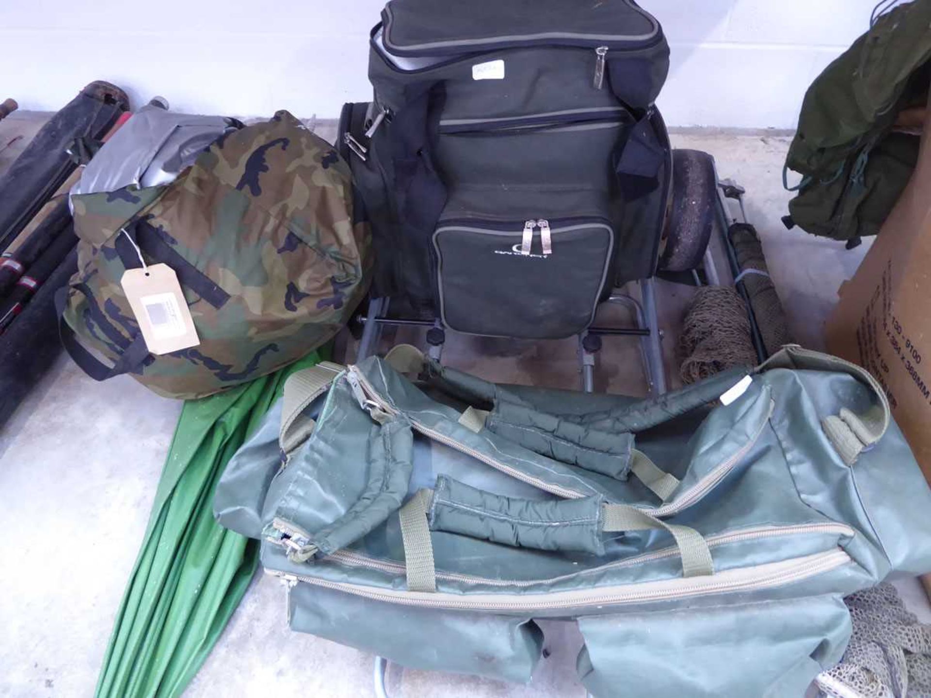 Gardner fishing backpack with green leatherette fishing bag, 2 wheel fishing trolley, umbrella, - Image 3 of 3