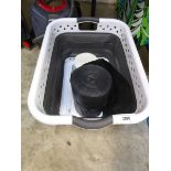 +VAT Space saving collapsible laundry basket with large roll of black bin bags and roll of 150 pedal