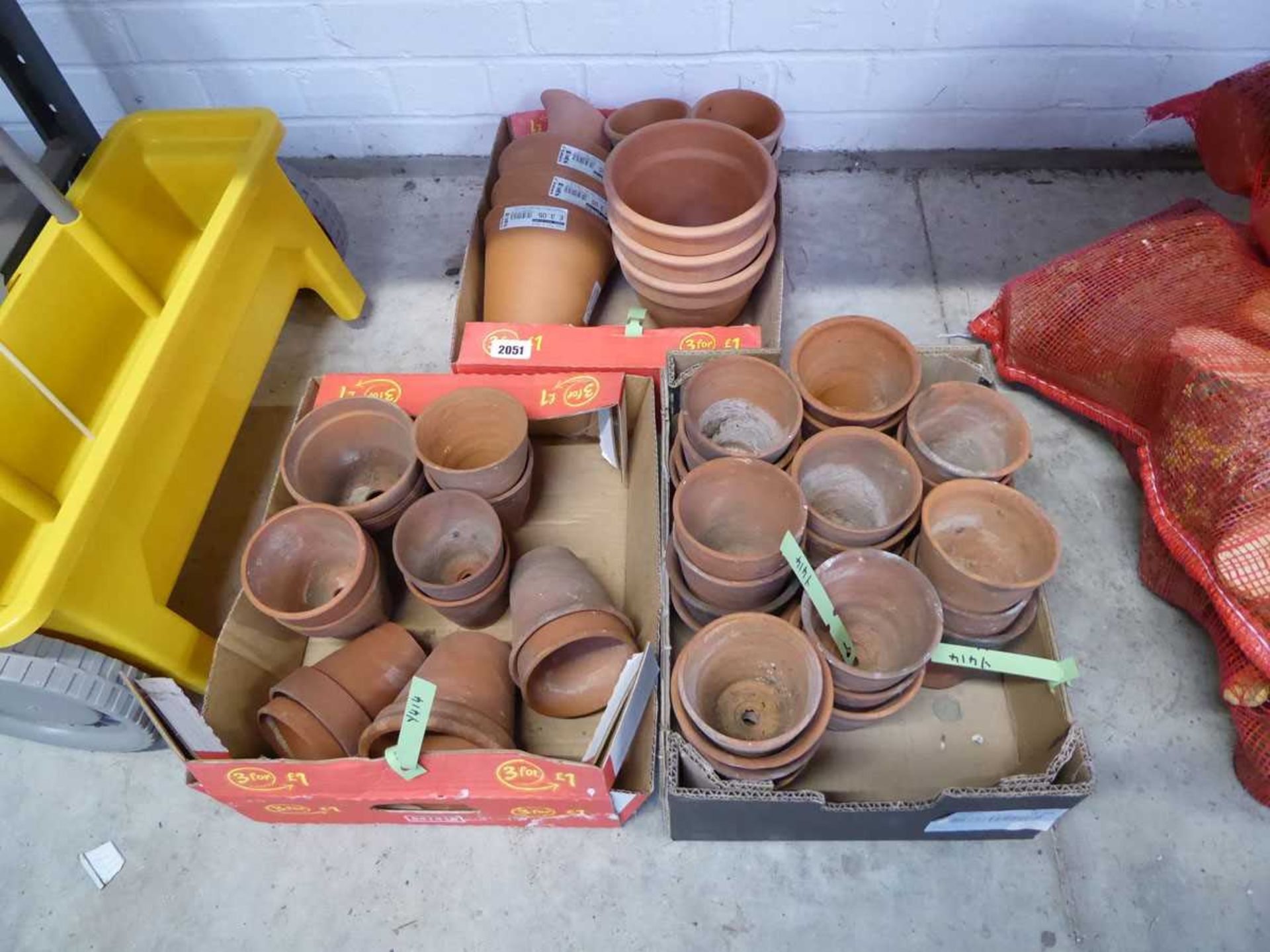 3 crates of mixed size terracotta pots