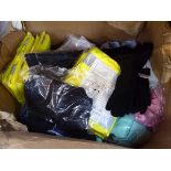 Box containing assorted workwear incl. hi vis vests, tabards, polo shirts and gloves