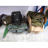 Gardner fishing backpack with green leatherette fishing bag, 2 wheel fishing trolley, umbrella,